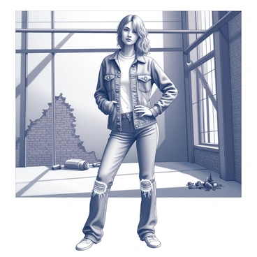 A model wearing distressed clothing stands confidently in an abandoned industrial area. The outfit consists of a torn denim jacket and faded jeans, showcasing a rugged appearance. The model's pose is assertive, with one hand on the hip and the other relaxed at the side. Behind the model, there are crumbling brick walls and rusted metal beams, indicating neglect and decay. The ground is littered with debris and old machinery remnants, contributing to the desolate atmosphere. The lighting casts dramatic shadows, enhancing the textures of both the clothing and the surrounding environment.