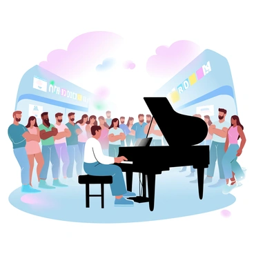 A grand piano is positioned on a busy street, surrounded by a diverse group of curious onlookers. The stranger at the piano is focused on playing, their hands gracefully moving across the keys. The crowd consists of people of various ages, some standing with crossed arms, others leaning in closer to listen intently. Colorful street banners and shop signs are visible in the background, enhancing the lively atmosphere of the scene. The sky above is a gradient of pastel colors transitioning from soft pink to light blue, creating a warm and inviting environment.