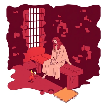 A red light filters through the narrow barred window of a dimly lit prison cell, casting shadows on the stone walls. In the center of the cell, "John the Baptist" sits calmly on a rough wooden bench, his long hair falling freely around his shoulders. He is dressed in simple, tattered robes that drape around him. The expression on his face reflects contemplation and peace as he gazes towards the floor. A small, flickering oil lamp rests beside him on the bench, providing a soft yellow glow that highlights the textures of the stone and wood in the cell. A few sparse items, such as a thin straw mat and a clay water jug, are positioned around the cell, indicating the minimalism of his surroundings.