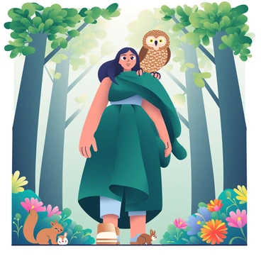 A woman with long, dark hair is dressed in a flowing, deep green cloak as she navigates through a dense forest. "Artemis" is depicted with striking features and piercing eyes, showing her connection to nature. On her shoulder, a large brown owl with intricate feather patterns is perched, its golden eyes wide open and alert. Surrounding them are tall trees with lush, green leaves filtering sunlight that creates dappled shadows on the forest floor. A variety of vibrant wildflowers can be seen at the base of the trees, adding splashes of color to the earthy tones of the scene. Small animals like squirrels and rabbits peek out from behind the foliage, intrigued by Artemis and her owl companion.