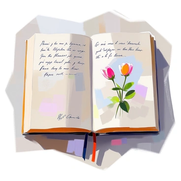 An old diary page featuring faded, handwritten notes in cursive script. The notes are filled with personal reflections and thoughts. Small, delicate illustrations accompany the text, including a sketch of a blooming flower, a simple landscape drawing, and whimsical doodles in the margins. The paper has a worn, yellowed appearance, with frayed edges and faint discoloration, adding to the nostalgic feel of the diary page.