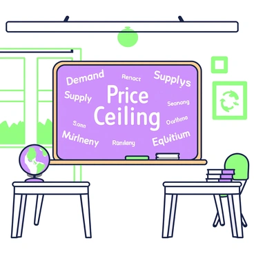 A chalkboard is positioned prominently in a classroom, filled with various economic terms written in white chalk. Centered on the board is the term "Price Ceiling" in large letters, surrounded by smaller terms such as "Demand", "Supply", and "Market Equilibrium". The chalkboard has a wooden frame, and the classroom has desks arranged in rows facing the board. A globe sits on a table in the corner, and a stack of books is placed on one of the desks. Sunlight streams through a window, illuminating the chalkboard and creating a bright atmosphere in the room.