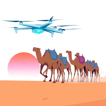 A large drone with sleek, angular design and bright lights is hovering in the air, positioned beside a caravan of camels. The camels, with their tan-colored fur and long legs, are walking steadily across the golden sand dunes of the desert. The sun is setting in the background, casting an orange hue across the sky. The caravan consists of several camels, each laden with colorful woven saddlebags. The drone's propellers are spinning, creating a slight disturbance in the calm desert air. Dust is being kicked up by the camels' movements, adding texture to the scene.