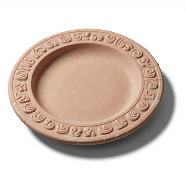 A circular ancient clay plate rests on a textured surface, showcasing intricate decorative carvings that trace around its perimeter. The carvings depict swirling patterns and stylized figures, highlighting the craftsmanship of its maker. The plate's edges are weathered and uneven, revealing a rich history of use. A soft, muted light casts gentle shadows across the surface, emphasizing the depth of the carvings and the unique texture of the clay. Subtle variations in the color of the clay, ranging from warm browns to faded terracotta, add character to the piece.