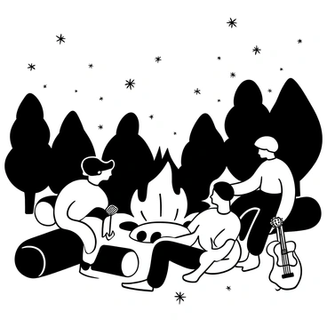 A group of people sitting on logs and blankets gathered around a warm bonfire, the flames illuminating their surroundings. Shadows are cast upon the ground as the fire crackles and sparks fly up into the night sky. Silhouettes of trees are visible in the background, and a few stars can be seen twinkling above. The people are engaged in conversation, some leaning in closer, while others are relaxed and enjoying the warmth of the fire. A guitar rests against a log nearby, hinting at music shared during the gathering.