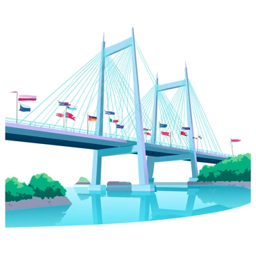 A large suspension bridge with a sleek, modern design spans a wide river. The bridge's cables are adorned with colorful flags from many nations, each flag fluttering in the wind, giving the structure a vibrant and international flair. The sunlight gleams off the metal beams, highlighting the intricate engineering of the bridge. Below, the river flows smoothly, reflecting the bridge and the flags above. On either side of the riverbank, lush greenery frames the scene, enhancing the sense of connectivity and celebration among diverse cultures.