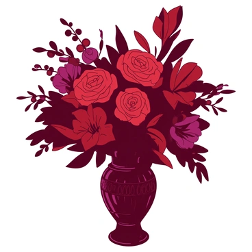 A rich arrangement of flowers featuring deep red roses, complemented by black calla lilies and dark purple dahlias. The flowers are artfully arranged in an ornate black vase with intricate carvings. Wisps of dark foliage surround the blooms, adding depth to the composition. The background is a subtle gradient transitioning between shades of red and black, enhancing the dramatic effect of the arrangement.