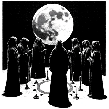 A group of cloaked figures stands in a circle, their dark hoods obscuring their faces. Each figure is wearing a long cloak that flows to the ground, with the fabric appearing textured and detailed. In the center of the circle, there are various objects arranged on the ground, including candles and symbols, suggesting a ritualistic setup. Above them, a large "blood-red moon" fills the sky, casting stark shadows across the scene. The atmosphere is filled with an air of mystery and intrigue, as the figures appear to be engaged in a coordinated activity, with hands raised and gestures being made toward the moon.