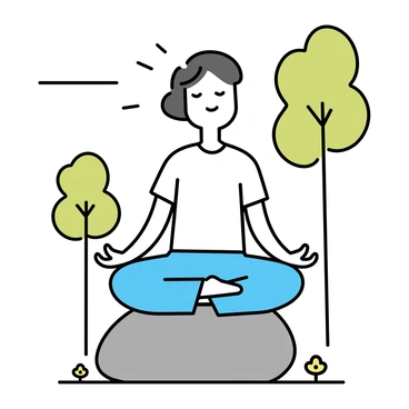 A person sitting cross-legged on a large gray rock, eyes closed in meditation. The individual is wearing a simple white shirt and loose-fitting light blue pants. The surrounding forest features tall green trees with foliage creating a natural canopy overhead. Small wildflowers are scattered around the base of the rock, adding pops of color. Soft rays of sunlight filter through the leaves, illuminating the scene.