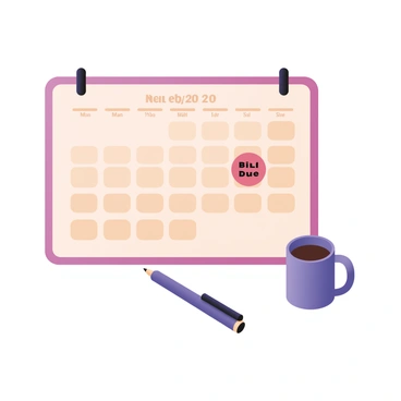 A digital flat illustration featuring a wall calendar with the month view clearly visible. The calendar shows the current month, with each date outlined distinctly. One specific date is marked prominently in a bright red circle, with the words "Bill Payment Due" written in bold, black font on that date. The surrounding dates are filled in with softer colors, and there is a small clock icon next to the marked date, indicating urgency. A small coffee mug is positioned in the corner of the calendar, and a pen lies next to it, suggesting a workspace setting.