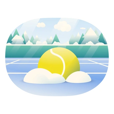 A bright yellow tennis ball is half-buried in freshly fallen white snow on a tennis court. The snow has settled smoothly around the ball, creating gentle mounds on either side. The tennis court is marked with faint lines barely visible through the layer of snow. In the background, there are snow-covered trees lining the court, and the sky is a cool blue with soft, fluffy clouds. The scene captures the contrast between the vibrant yellow of the ball and the pure white of the snow.
