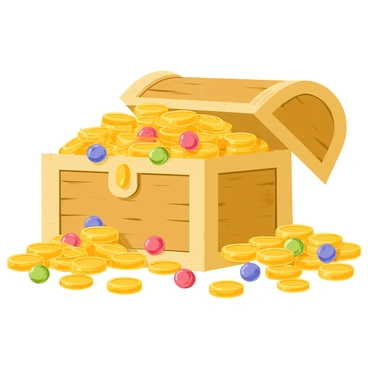 A shimmering treasure hoard with gold coins and precious gems spilling out