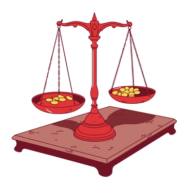 A red pair of old-fashioned scales stands on a wooden table. The scales feature a central pivot with two symmetrical bowls hanging from chains on either side. Each bowl is filled with an equal amount of yellow weights, creating a perfect balance. The intricate designs of the scales are visible, showcasing ornate details on the base and the pivot mechanism. A soft light casts gentle shadows on the table surface, highlighting the textures of the wood and the metal of the scales.