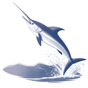 A large blue marlin is leaping out of the ocean, its body arched gracefully in mid-air. The fish's elongated body displays streamlined features, and it has a pointed bill extending from its snout. Water is splashing around the marlin, creating dynamic droplets that catch the motion of the leap. The ocean surface is depicted with waves in motion, emphasizing the energy of the scene. The background features a vast expanse of ocean, with the horizon line visible in the distance.