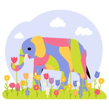 An elephant with rainbow-colored skin stands in a vibrant field filled with various types of flowers. The flowers include bright red poppies, sunny yellow daisies, and deep blue violets, creating a colorful landscape. The elephant's large ears are flared out, and its trunk is playfully wrapped around a pink tulip. The sky above is a clear blue, with a few fluffy white clouds scattered throughout. The scene captures the cheerful interaction between the elephant and the blooming flowers.