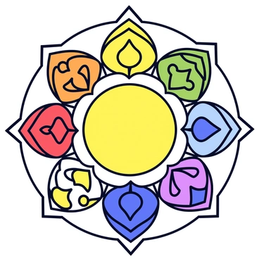 A mandala design featuring seven distinct sections, each representing a different chakra. The chakras are arranged symmetrically in a circular pattern. Each section is filled with intricate patterns and designs that reflect the unique characteristics of the corresponding chakra. The colors of the chakras are vivid and specific: red for the root chakra, orange for the sacral chakra, yellow for the solar plexus chakra, green for the heart chakra, blue for the throat chakra, indigo for the third eye chakra, and violet for the crown chakra. The overall design is centered and harmonious, with detailed line work and geometric shapes that create a sense of balance.
