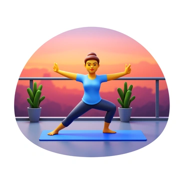 A person in a focused yoga pose with arms extended, practicing yoga on a rooftop terrace. The terrace features a railing, potted plants, and a view of the horizon. The sky displays vibrant shades of orange, pink, and purple, indicating sunset. The person is wearing comfortable yoga attire, and their expression reflects concentration and calmness. Soft shadows stretch across the terrace as the sun sets, creating a serene atmosphere.