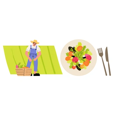 A split illustration featuring two distinct sections. On the left, a vibrant green field with rows of fresh vegetables such as carrots, tomatoes, and lettuce being harvested by a farmer wearing a straw hat. A wooden basket filled with freshly picked vegetables rests on the ground beside him. On the right, a beautifully plated dish showcasing a colorful salad made from the harvested vegetables. The dish is garnished with herbs and drizzled with olive oil, arranged artistically on a white plate with a fork and knife placed next to it.