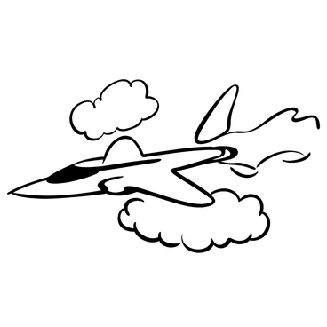 A sleek fighter jet with sharp angles and a streamlined body is depicted soaring through a sky filled with fluffy clouds. The jet is shown in a low-angle perspective, emphasizing its aerodynamic shape. Wisps of clouds are trailing behind it, creating a sense of high speed and movement. The jet's wings are extended, demonstrating its powerful design, while the clouds surround it, enhancing the feeling of altitude and flight.