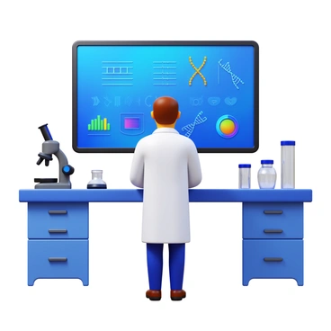 A scientist standing in front of a large monitor displaying complex genetic data. The scientist is wearing a lab coat and glasses, focused intently on the screen. The monitor shows vibrant graphs and DNA sequences in various colors. The lab is equipped with modern technology, including a microscope and various lab equipment, arranged neatly on the desk. The lighting is bright, highlighting the scientist's concentration and the details on the monitor.
