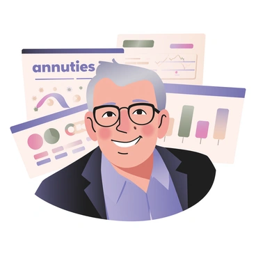 A digital flat illustration featuring an elderly individual smiling warmly. The individual has gray hair and is wearing glasses, with deep laugh lines on their face. They are dressed in a light blue shirt and a dark blazer. Behind the individual, there is a backdrop of various charts. The charts are prominently labeled with the word "annuities" in bold letters. The charts display colorful graphs and figures, indicating financial data. The overall composition highlights the positive demeanor of the elderly person against the informative backdrop.