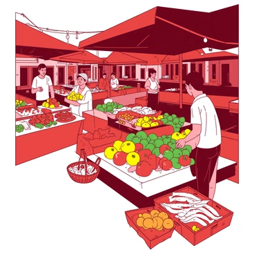 A red Mediterranean market bustling with activity, filled with various vendors showcasing their goods. One vendor is displaying a colorful array of fresh produce, including bright yellow tomatoes, deep green peppers, and vibrant oranges stacked in neat piles. Nearby, another vendor is offering a selection of fresh seafood, with glistening silver fish and bright orange shrimp arranged on ice. Shoppers are seen interacting with the vendors, while a few are carrying woven baskets filled with fresh fruits and vegetables. The market is lively, with colorful awnings providing shade and sunlight filtering through the vibrant colors of the stalls.