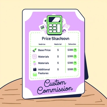 A decorative card is displayed prominently on a wooden surface. The card features a green-and-purple outline design with attractive borders. In the center, there is an illustration of a calculator, which is surrounded by icons representing various services, such as a paintbrush, a notepad, and a digital tablet. The card lists the price breakdown in clear sections, labeled with phrases like "Base Price," "Materials," and "Additional Features." Each section has small green-and-purple icons next to them for visual emphasis. In the bottom corner, there is a decorative flourish with the words "Custom Commission" written in an elegant font.