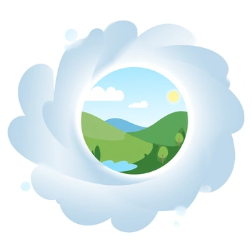 A swirling storm surrounds a "calm eye" at the center. The storm is depicted with swirling clouds in various shades of gray and blue. Inside the eye, a "peaceful landscape" is visible, featuring rolling green hills and a bright blue sky. Lush trees dot the landscape, and a small river flows gently through the scene. Sunlight filters down, illuminating the tranquil area within the storm.