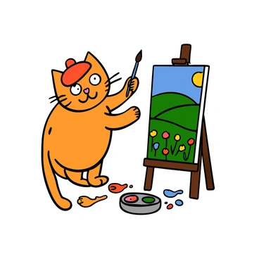 A cartoon cat with soft fur and expressive eyes is wearing a red beret tilted to one side. The cat is standing on two legs in front of an easel, holding a paintbrush in its right paw. It is focused on painting a vibrant landscape on the canvas, featuring rolling green hills, a bright blue sky, and colorful flowers in the foreground. The cat's palette is filled with various colors, and there are splashes of paint on its paws and the ground, indicating its playful creativity. The scene is lively and full of color, capturing the cat's artistic spirit.