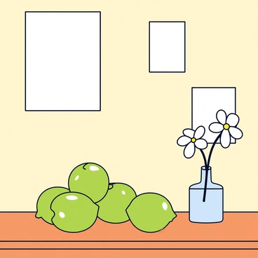 A still life composition featuring several bright green limes arranged neatly on a wooden table. The limes are whole, with a glossy surface that reflects light. In the background, there are soft, neutral-colored walls of an art gallery, adorned with simple frames containing abstract artwork. The lighting is warm and subtle, highlighting the limes and casting gentle shadows on the table. A small elegant vase with a single white flower sits beside the limes, adding a touch of sophistication to the scene.