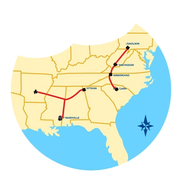A detailed map showcasing the journey of the Freedom Riders. The map features various states in the southern United States, with a highlighted route marked in bright red. Each stop along the route is indicated with small icons, symbolizing key cities such as Nashville, Birmingham, and Jackson. The background is filled with a soft gradient to emphasize the highlighted path, and important landmarks are labeled clearly. Additional elements include a compass rose in the corner and a legend that explains the symbols used on the map.
