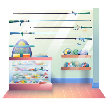 A small fishing tackle shop is filled with a variety of fishing gear. There are several fishing rods displayed on the wall, showcasing different lengths and colors. Below them, a selection of reels is neatly arranged on a wooden shelf, each labeled with its specifications. A glass case contains various types of bait, including shiny lures and colorful worms, attractively illuminated. The floor is made of polished wood, and the shop has a cozy atmosphere, with soft natural light filtering through the front window. A small counter at the back features a register and is adorned with fishing-themed decor.