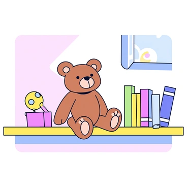 A dusty teddy bear with a worn-out appearance and a sad expression is sitting alone on a wooden shelf. The shelf is located in a child's room, surrounded by colorful children's books and a few small toys. Soft, diffused light filters in from a nearby window, casting gentle shadows on the wall. The bear's fur is a faded brown color, and its button eyes reflect a sense of longing. The room has light pastel-colored walls and a cozy atmosphere.