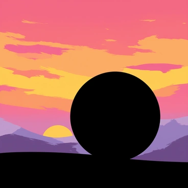A silhouette of a "Pokeball" is positioned prominently in the foreground. The background features a "vibrant sunset" with a blend of "orange, pink, and purple" colors spreading across the sky. The "sun" is partially visible near the horizon, casting warm hues that create a striking contrast against the dark silhouette of the Pokeball. The overall scene captures the dramatic interplay of light and shadow as the colors in the sky reflect beautifully around the Pokeball.