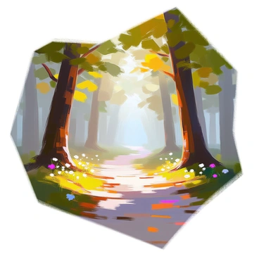 A tranquil pathway winding through a dense forest, surrounded by tall trees with lush green foliage. The trees create a canopy overhead, allowing only soft beams of light to filter through the mist. The ground is covered in a carpet of fallen leaves and soft moss, adding to the serene atmosphere. In the distance, the pathway disappears into the thick mist, evoking a sense of mystery and calm. Small wildflowers peek out from the sides of the path, adding subtle splashes of color to the scene.