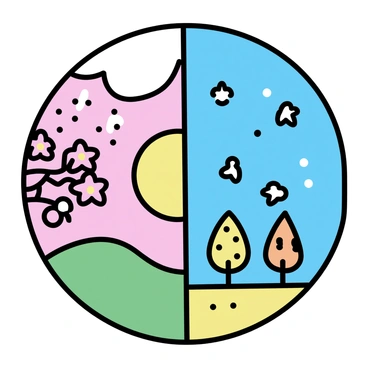 A flat Earth divided into four distinct sections, each representing a different season. The top section shows "snow" covering the ground with white, fluffy snowflakes falling from a gray sky. The left section features "blossoms," with vibrant pink and white flowers blooming on branches against a clear blue sky. The bottom section displays the "summer sun," radiating bright yellow light over a green landscape with a few scattered trees. The right section illustrates "autumn leaves," with trees shedding orange, red, and yellow leaves, creating a colorful ground cover.