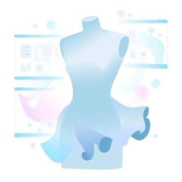 A sleek mannequin is showcasing a futuristic ruffle dress design. The dress features multiple layers of flowing fabric, creating a dynamic silhouette that draws the eye. The colors of the dress transition through gradient pastel shades, enhancing its modern aesthetic. The background is filled with high-tech elements, including digital screens displaying various patterns and geometric shapes. Soft lighting highlights the contours of the dress and the smooth surface of the mannequin, creating an elegant display.