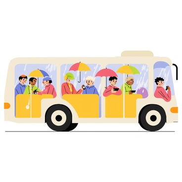 A crowded bus with bright yellow seats and metal poles stands under a grey, overcast sky. The windows of the bus are fogged up, blurring the outside view. Inside, several passengers are seated and standing, each holding colorful umbrellas in various positions. Raindrops slide down the windows, and the bus is illuminated by soft, diffused light. The expressions on the passengers’ faces show a mix of patience and annoyance as they navigate the discomfort of the rainy day.