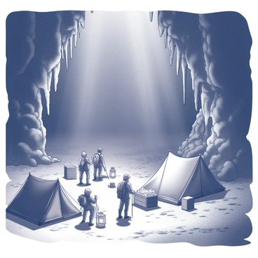 A vast underground chamber with high, rocky ceilings and stalactites hanging from above. Several explorers are busy setting up camp, with two large tents pitched on the ground. Each tent has a distinct shape, one being dome-shaped and the other more rectangular. Lanterns are placed around the campsite, casting soft light that illuminates the surrounding rock formations. Some explorers are unpacking gear from large backpacks, while others are gathering supplies from wooden crates. Shadows dance on the walls as the lantern light flickers, enhancing the rugged texture of the stone surfaces nearby.