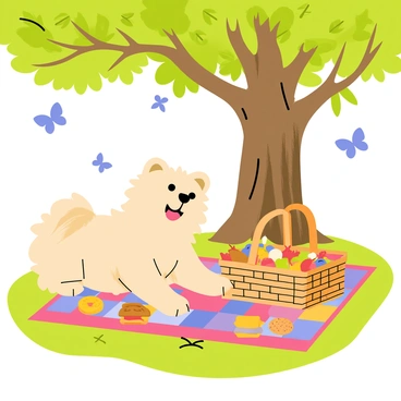 A fluffy chow chow sitting on a colorful picnic blanket spread on the grass. The chow chow has a big smile, enjoying the day. Next to the chow chow, there is a woven picnic basket filled with various snacks such as sandwiches, fruits, and cookies. Above, a large oak tree provides shade, with its thick trunk and sprawling branches covered in green leaves. Scattered around the picnic blanket are a few playful butterflies fluttering and a bright blue sky in the background.