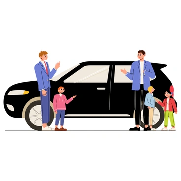 A cheerful salesperson with short brown hair wearing a blue blazer is standing next to a shiny black SUV. The SUV has sliding doors and large alloy wheels. The salesperson is gesturing towards the spacious interior, which is visible through the open door. A family of four, consisting of two parents and two children, is standing nearby, looking excited. The mother is pointing at the back seat, while the father is checking the trunk space. Bright sunlight is illuminating the scene.