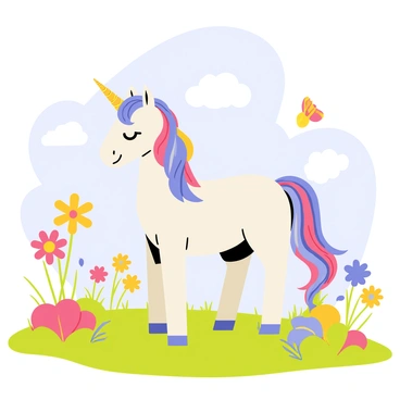 A unicorn with a shimmering, iridescent mane and a spiraled horn stands gracefully in a vibrant meadow filled with colorful flowers. The meadow is bathed in bright colors, showcasing patches of green grass and an array of blooming flowers in shades of red, yellow, blue, and purple. In the background, a clear blue sky with fluffy white clouds adds to the enchanting scene. The unicorn gazes peacefully ahead, surrounded by a whimsical atmosphere filled with swirling colors and playful butterflies.