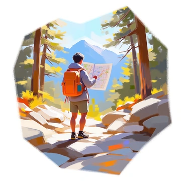 A traveler with medium skin tone stands on a rocky path, holding an unfolded map in their hands. The map has a visible marked gap indicating a missing section of their route. The traveler is wearing a rugged backpack and a light jacket suitable for outdoor exploration. They have short hair and a focused expression as they study the map, surrounded by tall trees and distant mountains. Sunlight filters through the branches, casting dappled shadows on the ground.