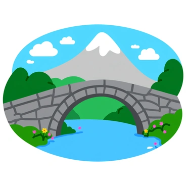 An ancient stone bridge with large, weathered blocks arching gracefully over a clear blue river. The bridge features intricate carvings along its sides, hinting at a long-lost civilization. In the distance, a misty mountain rises majestically, shrouded in a veil of soft gray fog. The scene is framed by lush greenery on either side of the river, with vibrant wildflowers blooming along the banks, adding pops of color to the landscape. The sky above is a bright blue with fluffy white clouds scattered throughout.