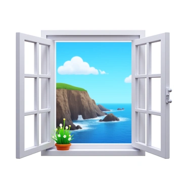 A seaside cottage window with white wooden frames. The window is open, revealing a view of rugged cliffs along the shoreline. The sea is visible in the background, with waves crashing against the rocks. The sky is bright blue with a few fluffy clouds. Bright green plants and flowers are placed on the windowsill, adding a touch of color to the scene.