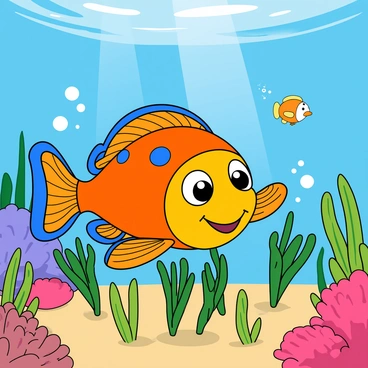 A colorful cartoon fish with big, expressive eyes and vibrant scales is diving in an underwater garden. The fish has a bright orange body with blue spots and a cheerful smile. It is carefully planting green seaweed in sandy soil with its small fins. Around the fish, there are various colorful coral formations and bubbles rising to the surface. The underwater garden is illuminated by dappled sunlight breaking through the water, creating a lively atmosphere filled with other curious fish swimming nearby.