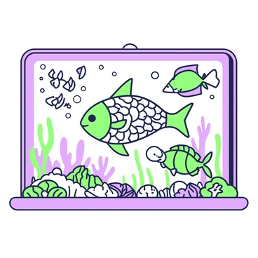 An illustration board is filled with various drawings depicting an underwater scene. In the center, there is a large, detailed drawing of a colorful fish with intricate patterns swimming among seaweed. To the left, a group of smaller fish is drawn in a school formation, and they are surrounded by bubbles. On the right side of the board, there is a depiction of a sea turtle gliding gracefully, with coral formations in the background. At the bottom, various shells and starfish are illustrated, adding texture to the underwater landscape. Each drawing showcases different aspects of marine life in a vibrant and engaging composition.