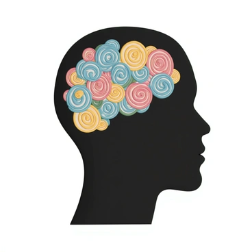 A silhouette of a human head facing left, filled with vibrant, swirling patterns in a variety of colors including red, blue, yellow, and green. The patterns flow and intertwine, creating a sense of movement within the silhouette. The background is a solid color to enhance the contrast between the silhouette and the patterns inside. The overall composition emphasizes the intricate details of the swirling designs, capturing an energetic and dynamic visual effect.