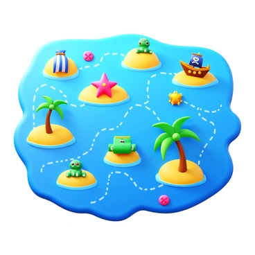 A playful treasure map designed for children, featuring cartoonish islands with vibrant colors. The islands are shaped like various fun objects, such as a starfish, a pirate ship, and a palm tree. There are winding paths illustrated in dotted lines connecting the islands. Small, whimsical features like friendly sea monsters, treasure chests, and X marks the spot are scattered throughout the map. The overall aesthetic is bright and inviting, appealing to a young audience.