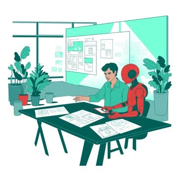 A teal human and a red humanoid AI are sitting together at a sleek modern desk in a bright office space. The desk is cluttered with various sheets containing film storyboards filled with sketches, notes, and annotations. In the background, a large whiteboard is filled with ideas and diagrams related to the film project. The human is pointing at one of the storyboards, while the AI is observing attentively with a digital tablet in its hands. There are several potted plants around the office, adding a touch of greenery to the environment. Large windows allow natural light to flood the room, enhancing the collaborative atmosphere.